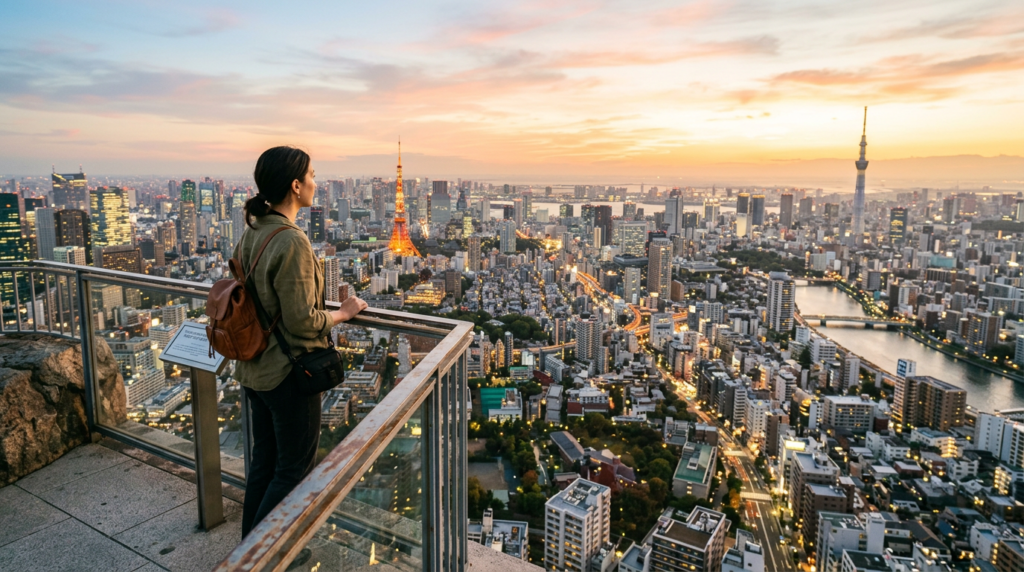 A wide-angle, editorial-style photograph of a traveler standing on a scenic urban viewpoint overlook