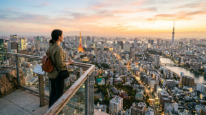 A wide-angle, editorial-style photograph of a traveler standing on a scenic urban viewpoint overlook