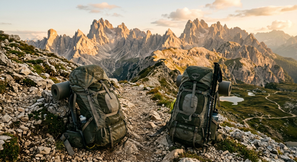 A professional editorial-style photograph of a high-quality trekking backpack resting on a rugged mo