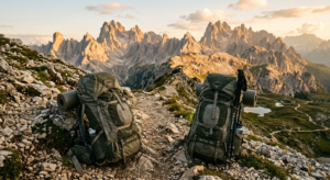 A professional editorial-style photograph of a high-quality trekking backpack resting on a rugged mo