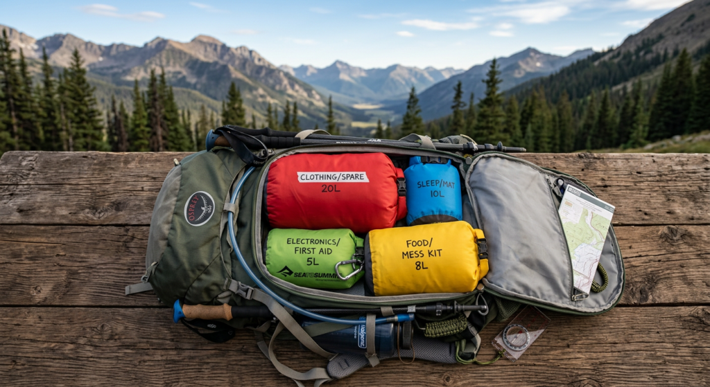 A professional flat-lay photograph of a hiking backpack being organized with neatly packed waterproo