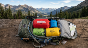A professional flat-lay photograph of a hiking backpack being organized with neatly packed waterproo