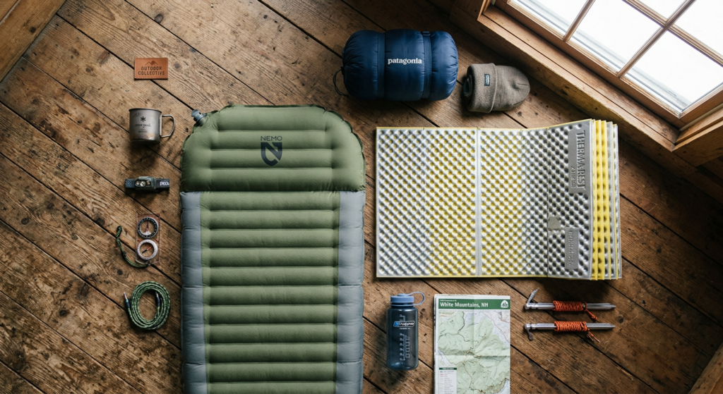 A professional, editorial-style flat lay shot showcasing a high-end inflatable camping mattress and