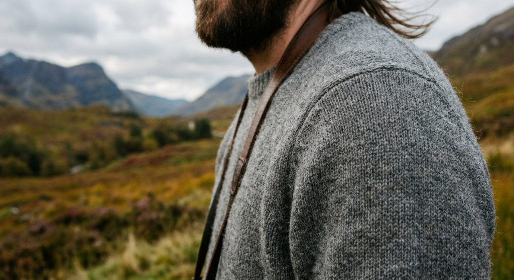 A professional, editorial-style close-up of high-quality merino wool clothing texture in nature, sof