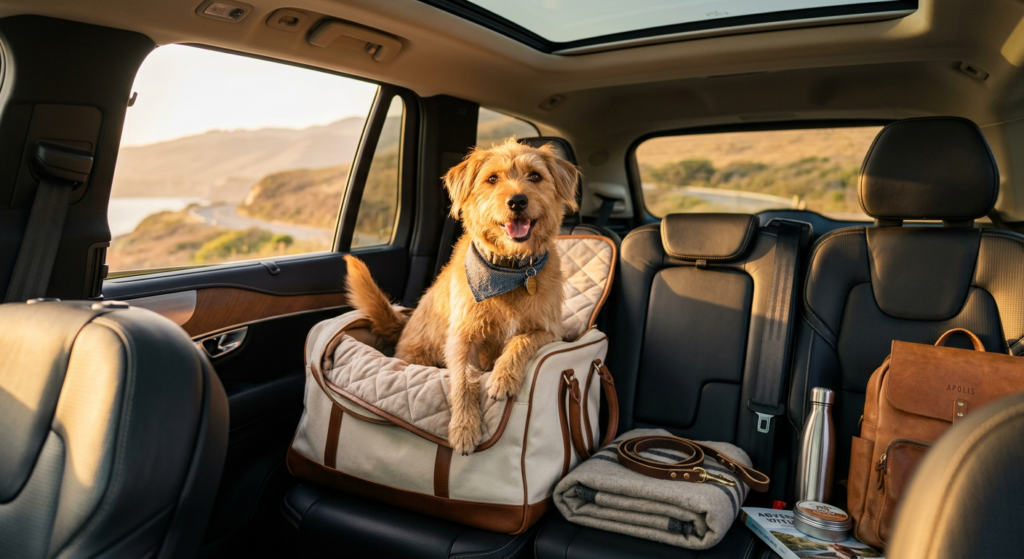 A high-quality editorial photograph of a happy dog sitting comfortably in a modern car or travel bag