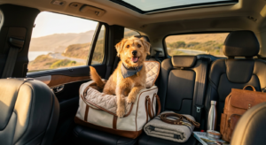 A high-quality editorial photograph of a happy dog sitting comfortably in a modern car or travel bag