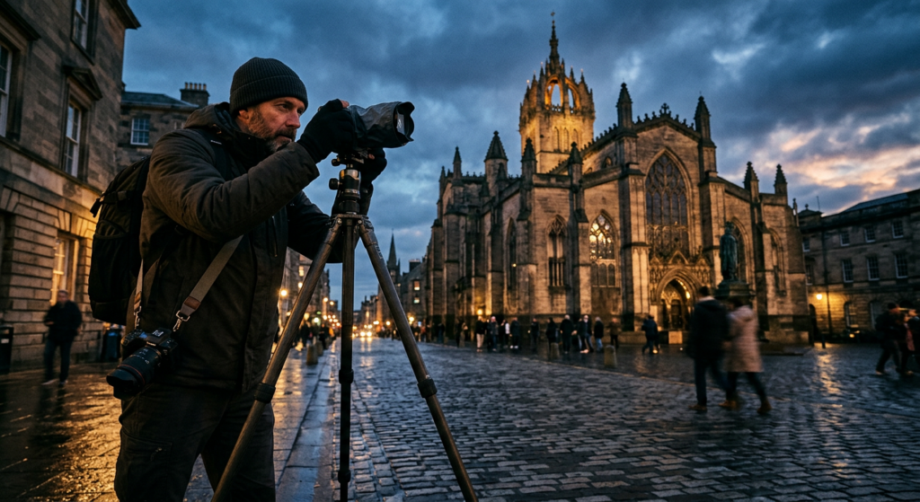 A professional editorial-style shot of a photographer using a tripod to capture an ancient stone cat