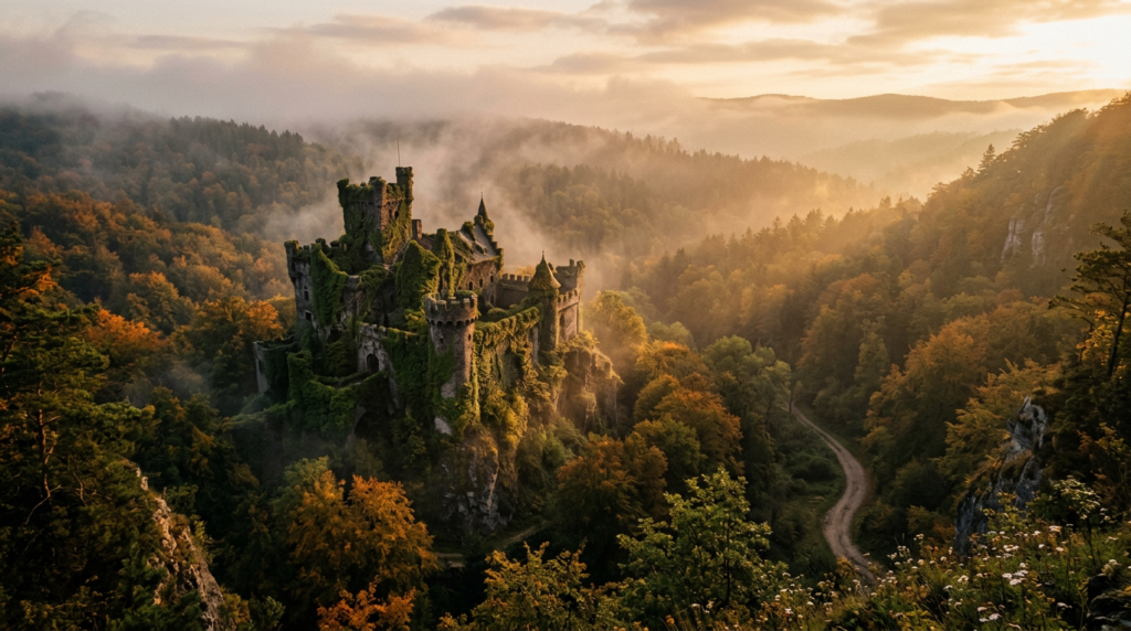 A cinematic, wide-angle shot of a mysterious, vine-covered medieval castle hidden within the misty L