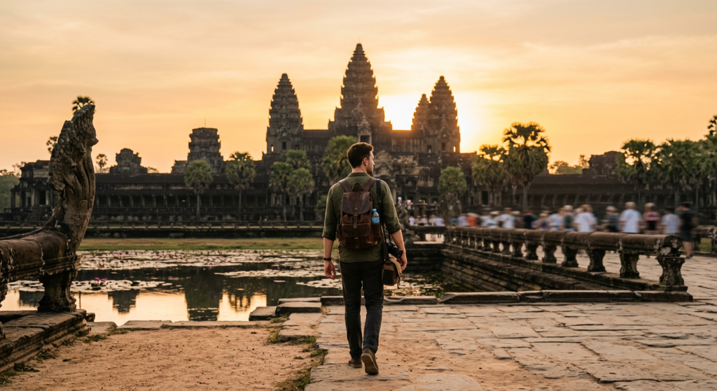 A professional editorial-style photograph capturing a lone traveler calmly walking through a famous