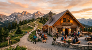 A warm, inviting rustic tavern nestled against a scenic mountain hiking trail during golden hour, ca