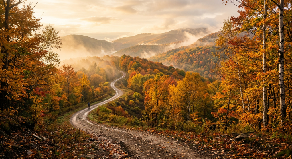 A scenic, professional editorial shot of a misty, vibrant autumn forest landscape with a winding mou
