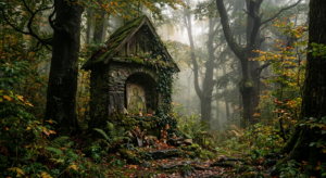 A cinematic, high-resolution shot of a forgotten, moss-covered stone shrine nestled deep within a mi