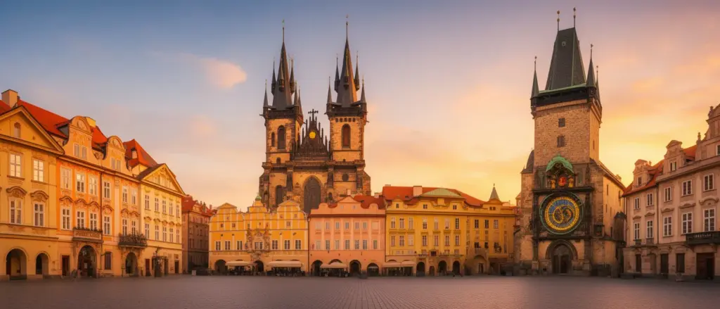 Praga Czechy – widok na Stare Miasto z charakterystycznymi wieżami kościoła Tyńskiego i kolorowymi kamienicami
