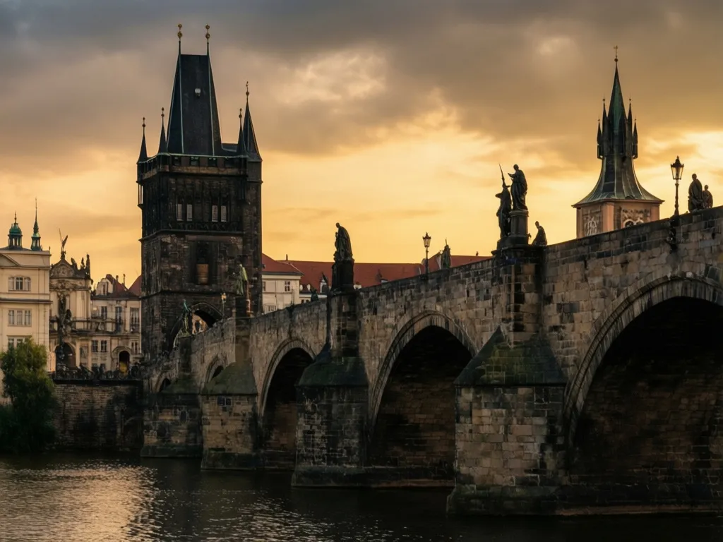 Most Karola w Pradze rozciągający się nad Wełtawą o złotej godzinie z widocznymi gotyckimi wieżami i barokowymi posągami
