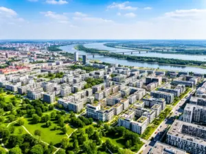 Panorama dzielnicy Praga Południe w Warszawie z widokiem na Wisłę i tereny zielone