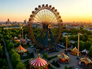 Prater Wiedeń z charakterystycznym Diabelskim Młynem i kolorowymi atrakcjami widocznymi z lotu ptaka w wiosennym słońcu
