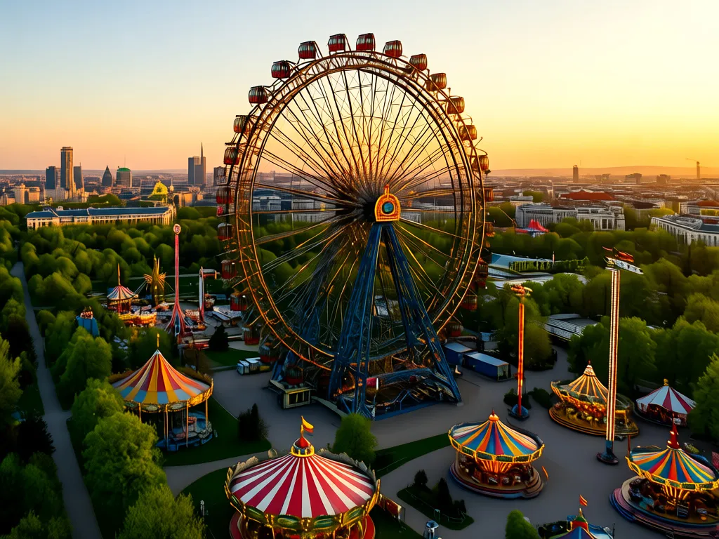 Prater Wiedeń z charakterystycznym Diabelskim Młynem i kolorowymi atrakcjami widocznymi z lotu ptaka w wiosennym słońcu