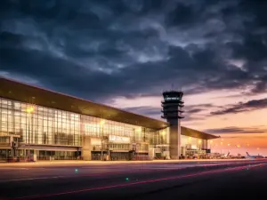 Nowoczesny terminal lotniska w Gdańsku obsługujący przyloty Gdańsk z widokiem na płytę lotniska