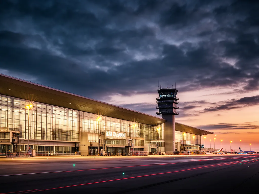 Nowoczesny terminal lotniska w Gdańsku obsługujący przyloty Gdańsk z widokiem na płytę lotniska