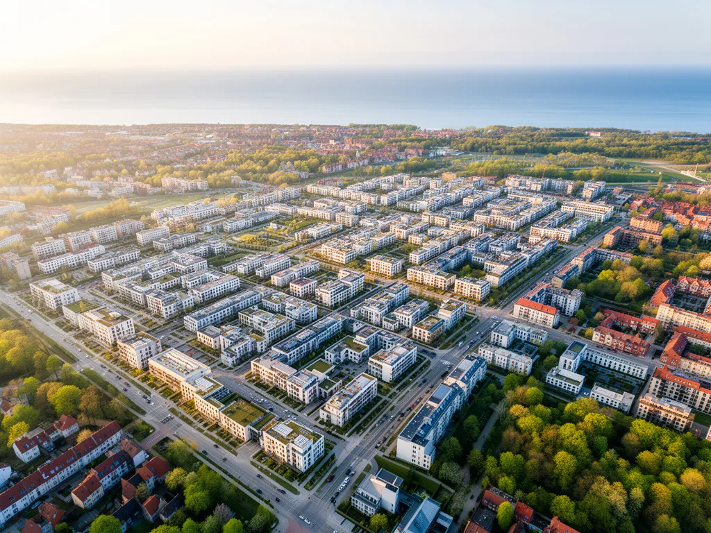 Przymorze Gdańsk - widok na nowoczesną dzielnicę mieszkaniową z zielonymi terenami w pobliżu plaży nad Bałtykiem