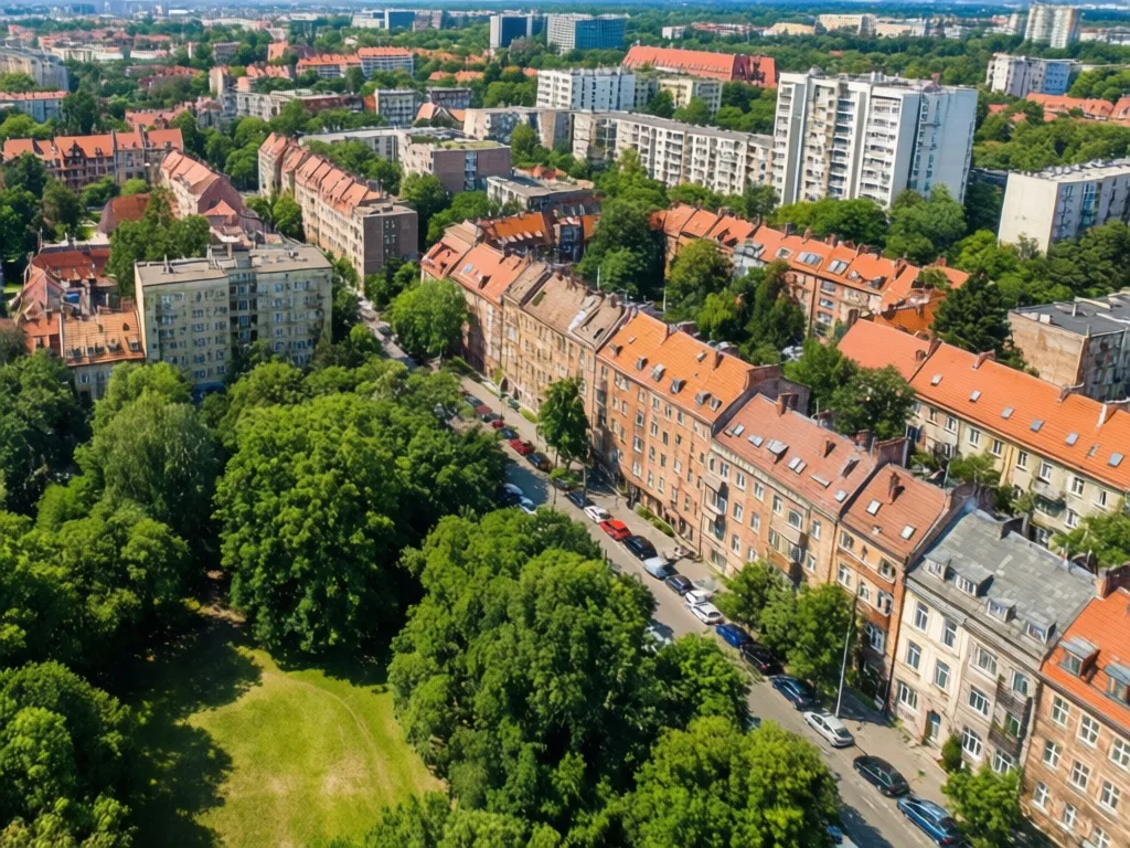 Psie Pole - widok na dzielnicę Wrocławia z charakterystyczną zabudową mieszkalną i terenami zielonymi