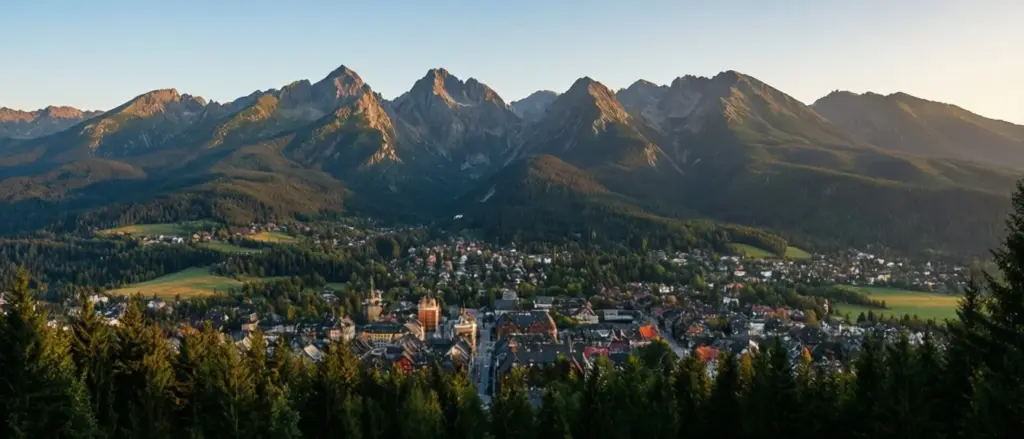 Punkt widokowy widok na Zakopane i Tatry z panoramą miasta i szczytów górskich w tle