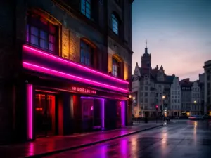 Klub nocny Puszcza Śląsk Wrocław – charakterystyczna fasada budynku z podświetleniem wieczorową porą