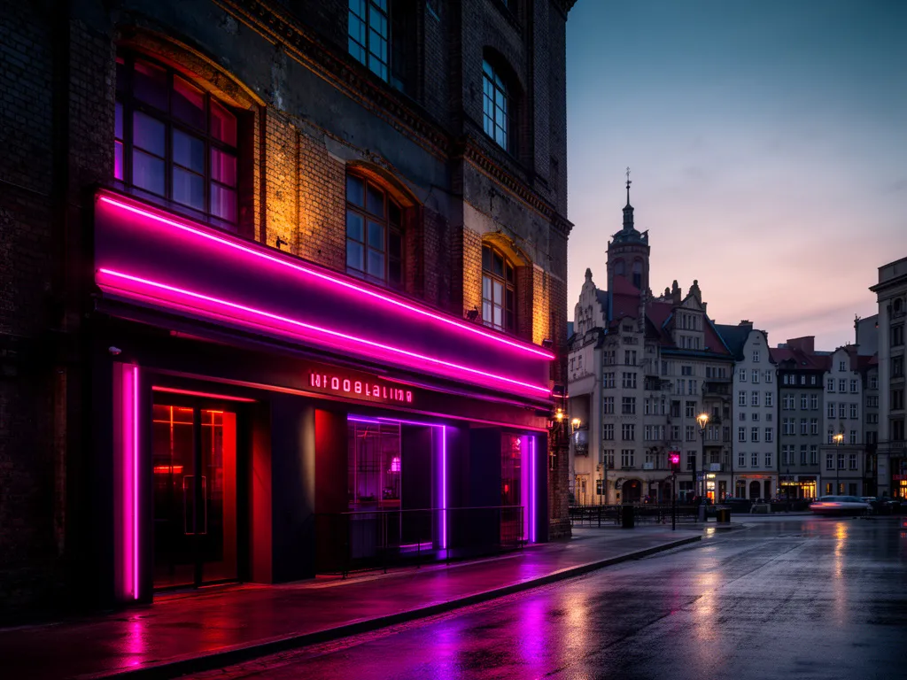 Klub nocny Puszcza Śląsk Wrocław – charakterystyczna fasada budynku z podświetleniem wieczorową porą