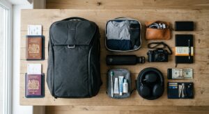 A flat-lay photography composition of a neatly organized travel backpack, featuring essential travel