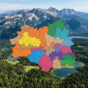Mapa przedstawiająca regiony Polski z podziałem na województwa i charakterystycznymi krajobrazami każdego obszaru