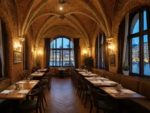 Wnętrze eleganckiej restauracji w Krakowie z ceglanymi sklepieniami i widokiem na Rynek Główny - restauracja kraków