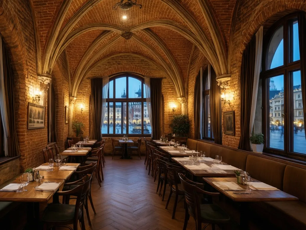 Wnętrze eleganckiej restauracji w Krakowie z ceglanymi sklepieniami i widokiem na Rynek Główny - restauracja kraków