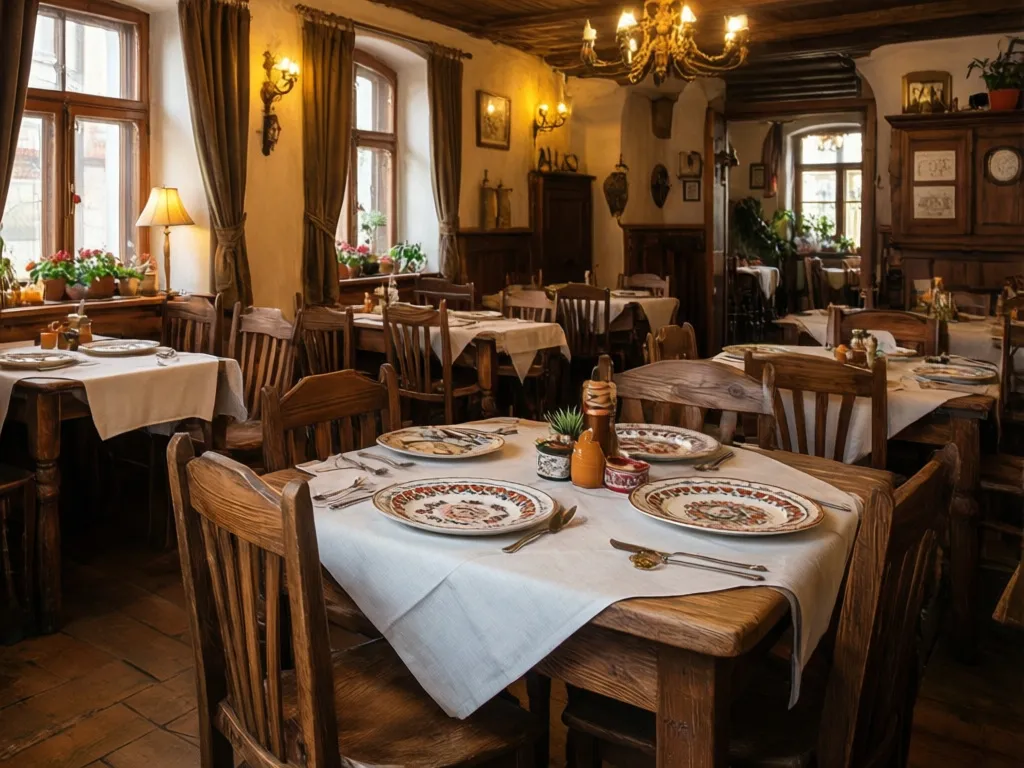 Wnętrze restauracji serwującej kuchnię polską z tradycyjnym wystrojem i folklorystycznymi akcentami