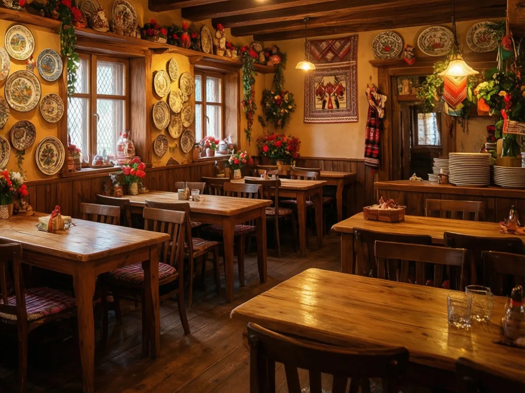 Wnętrze tradycyjnej restauracji polskiej z drewnianymi meblami i regionalnymi dekoracjami na ścianach