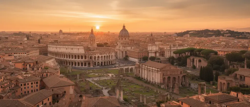 Panorama Rzymu z Koloseum i Forum Romanum – miasto znane z najlepszych restauracji we Włoszech, restauracja rzym
