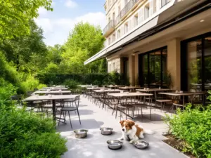 Taras restauracji z psem z miskami wody i stolikami ogrodowymi w przyjaznej dla zwierząt przestrzeni