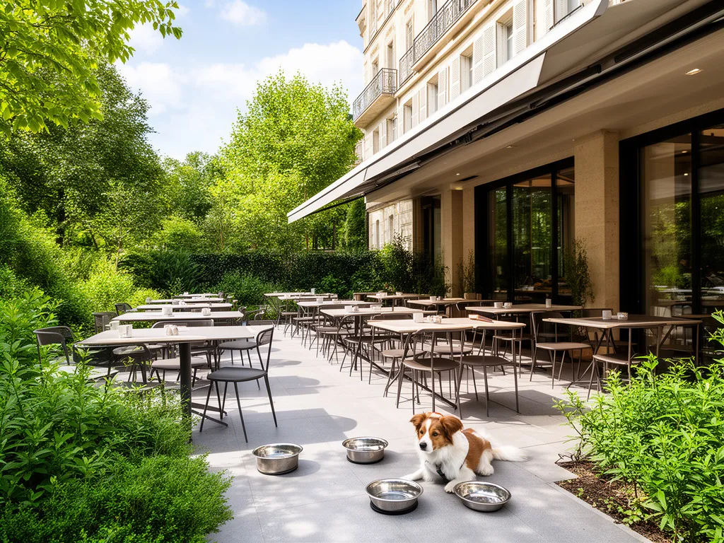 Taras restauracji z psem z miskami wody i stolikami ogrodowymi w przyjaznej dla zwierząt przestrzeni