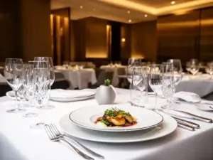 Eleganckie wnętrze restauracji z gwiazdką Michelin Polska z nakryciem stołu i nowoczesną polską kuchnią haute cuisine
