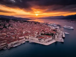Rijeka Chorwacja - panorama portu i Zatoki Kvarnerskiej z historyczną zabudową nad Adriatykiem
