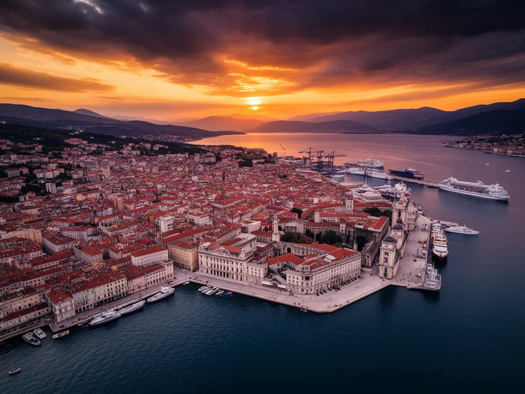 Rijeka Chorwacja - panorama portu i Zatoki Kvarnerskiej z historyczną zabudową nad Adriatykiem