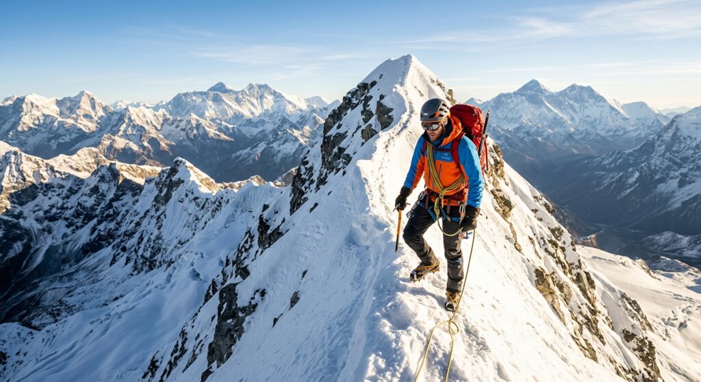 A professional editorial photograph of a mountaineer in full winter gear climbing a snowy, sunlit ri