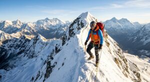 A professional editorial photograph of a mountaineer in full winter gear climbing a snowy, sunlit ri