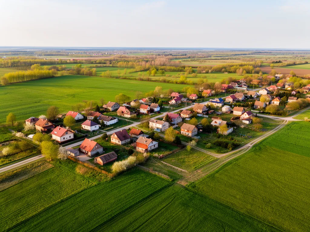 Widok na Rokiciny Kolonia - malownicza miejscowość w województwie łódzkim z charakterystyczną zabudową wiejską