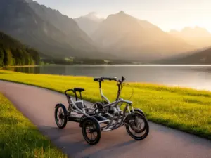 Rower 3 kołowy zaparkowany na malowniczej ścieżce rowerowej nad jeziorem w otoczeniu zielonych łąk