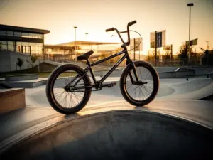Rower BMX na rampie skateparku – charakterystyczna zwarta konstrukcja i mocne koła