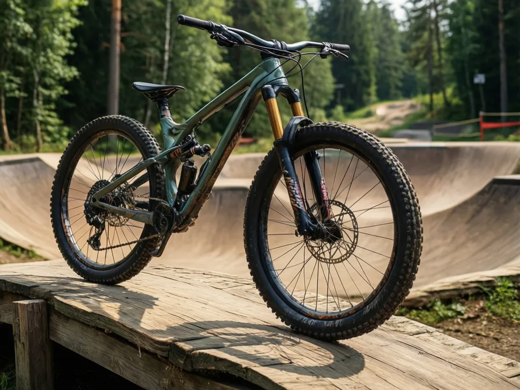 Rower do skakania typu full suspension na torze w bike parku z drewnianymi przeszkodami
