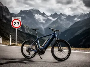 Rower elektryczny 60 km/h zaparkowany przy górskiej drodze z widokiem na alpejski krajobraz i znak ograniczenia prędkości