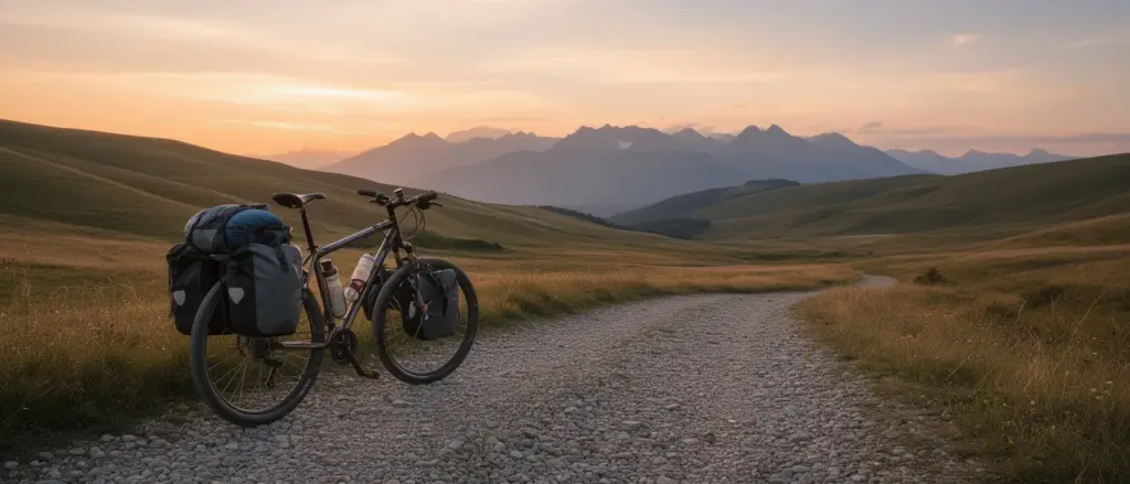 Rower trekkingowy z sakwami na szutrowej ścieżce wśród malowniczych wzgórz podczas zachodu słońca