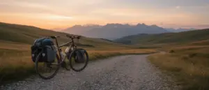 Rower trekkingowy z sakwami na szutrowej ścieżce wśród malowniczych wzgórz podczas zachodu słońca
