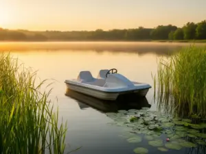Rower wodny na spokojnej tafli jeziora otoczony roślinnością wodną i trzcinami w słoneczny letni dzień